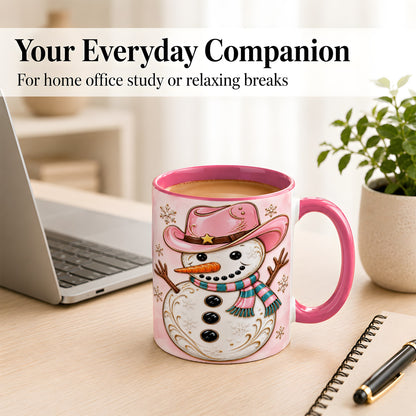 #pl[11oz|Pink] Pink Cowgirl Snowman Coffee Mug, Western Winter Mug, Ceramic Cup