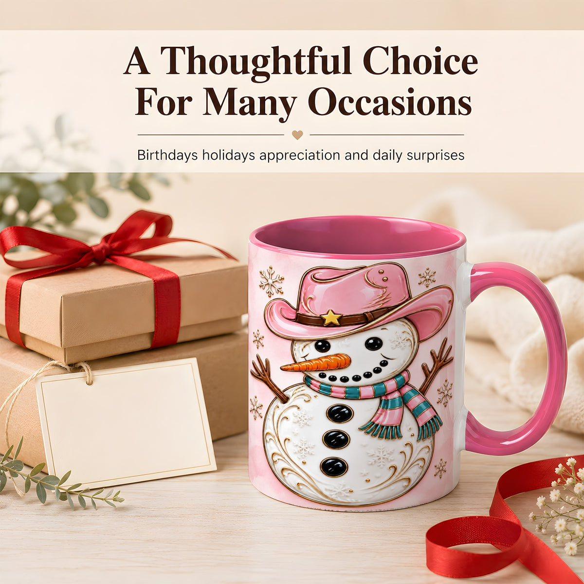 #pl[11oz|Pink] Pink Cowgirl Snowman Coffee Mug, Western Winter Mug, Ceramic Cup