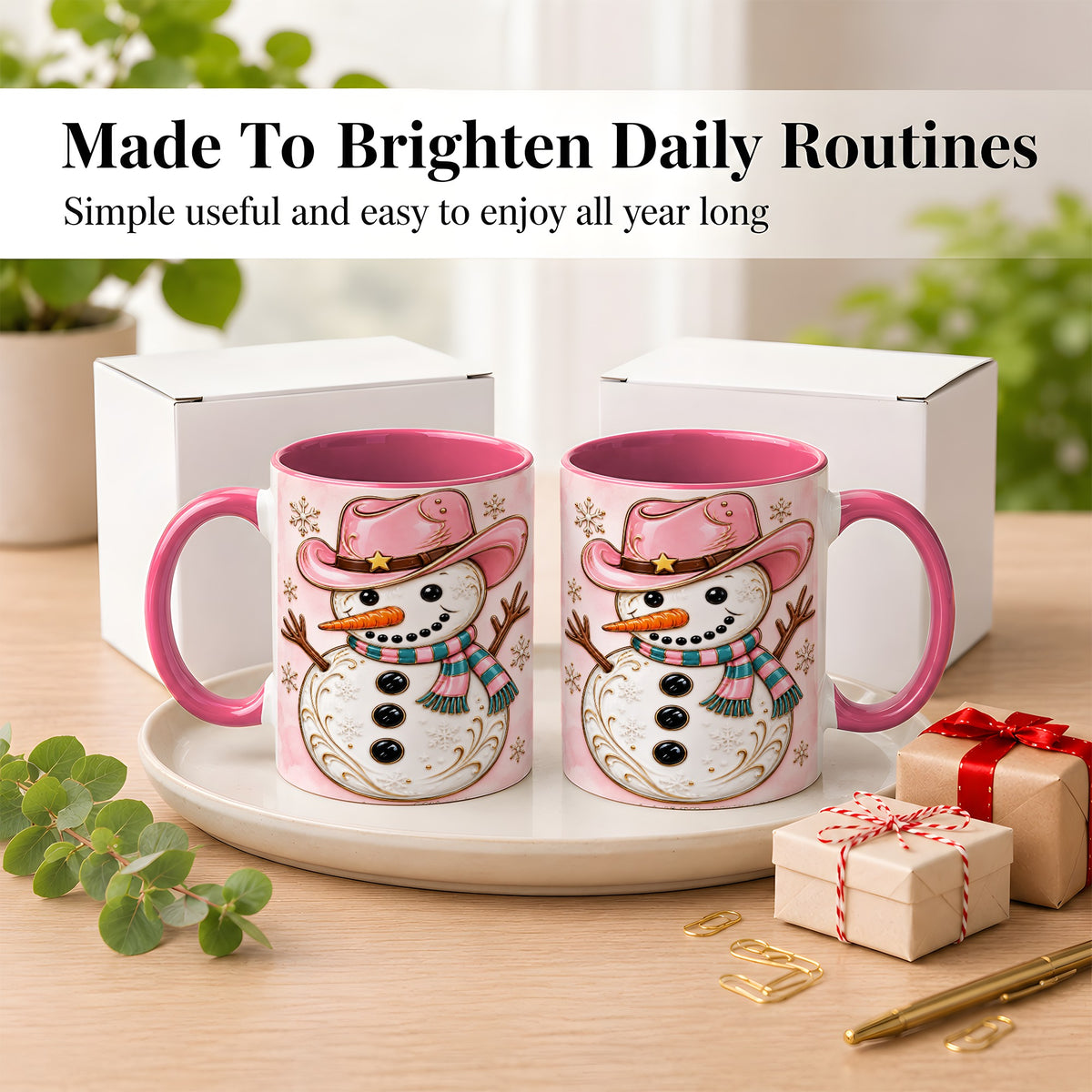 #pl[11oz|Pink] Pink Cowgirl Snowman Coffee Mug, Western Winter Mug, Ceramic Cup