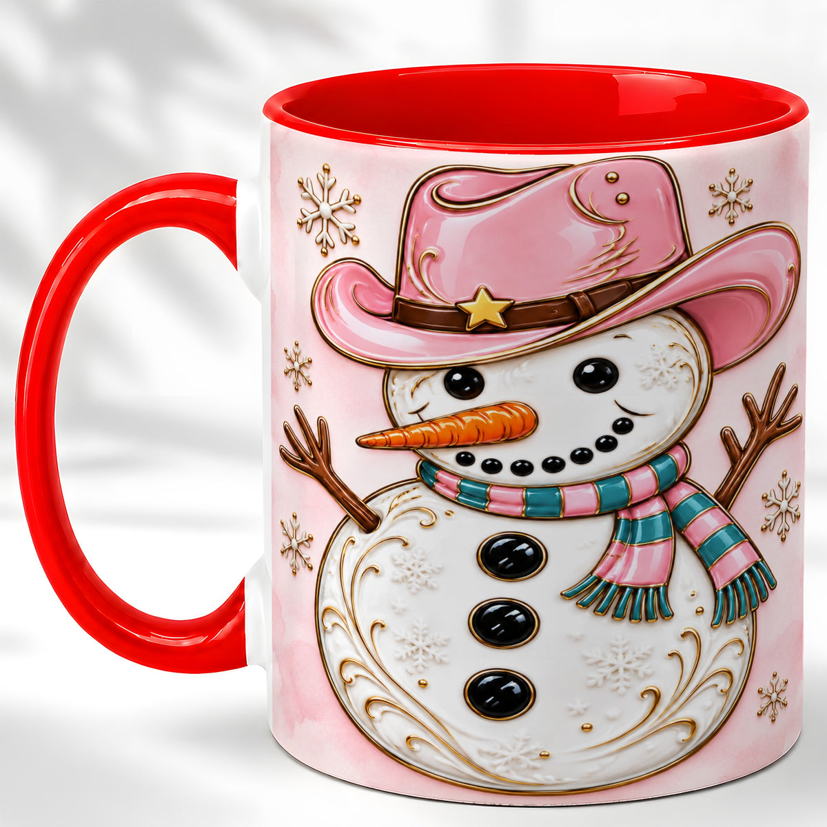 Pink Cowgirl Snowman Coffee Mug, Western Winter Mug, Ceramic Cup