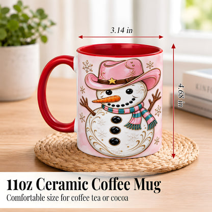 #pl[11oz|Red] Pink Cowgirl Snowman Coffee Mug, Western Winter Mug, Ceramic Cup
