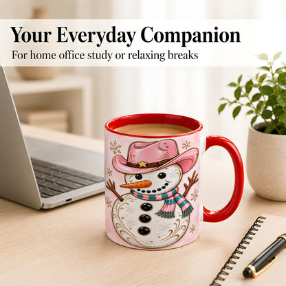 #pl[11oz|Red] Pink Cowgirl Snowman Coffee Mug, Western Winter Mug, Ceramic Cup