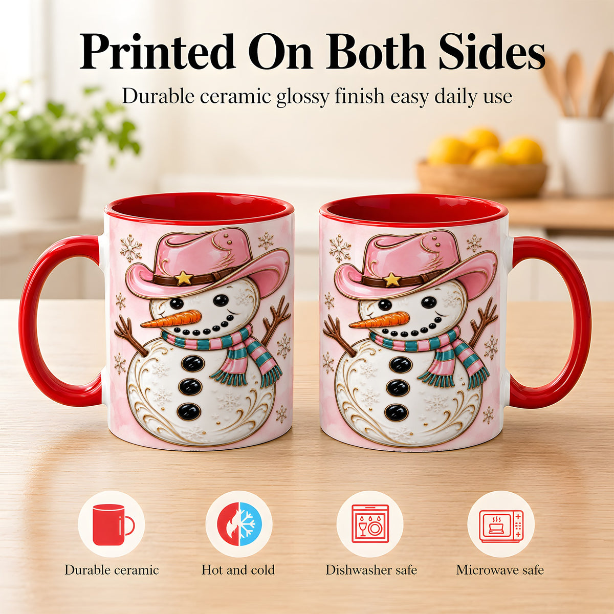 #pl[11oz|Red] Pink Cowgirl Snowman Coffee Mug, Western Winter Mug, Ceramic Cup