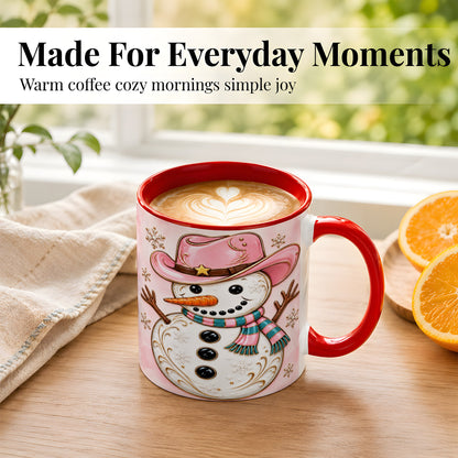 #pl[11oz|Red] Pink Cowgirl Snowman Coffee Mug, Western Winter Mug, Ceramic Cup