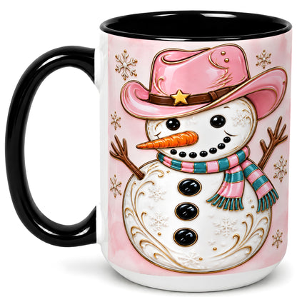 #pl[15oz|Black] Pink Cowgirl Snowman Coffee Mug, Western Winter Mug, Ceramic Cup