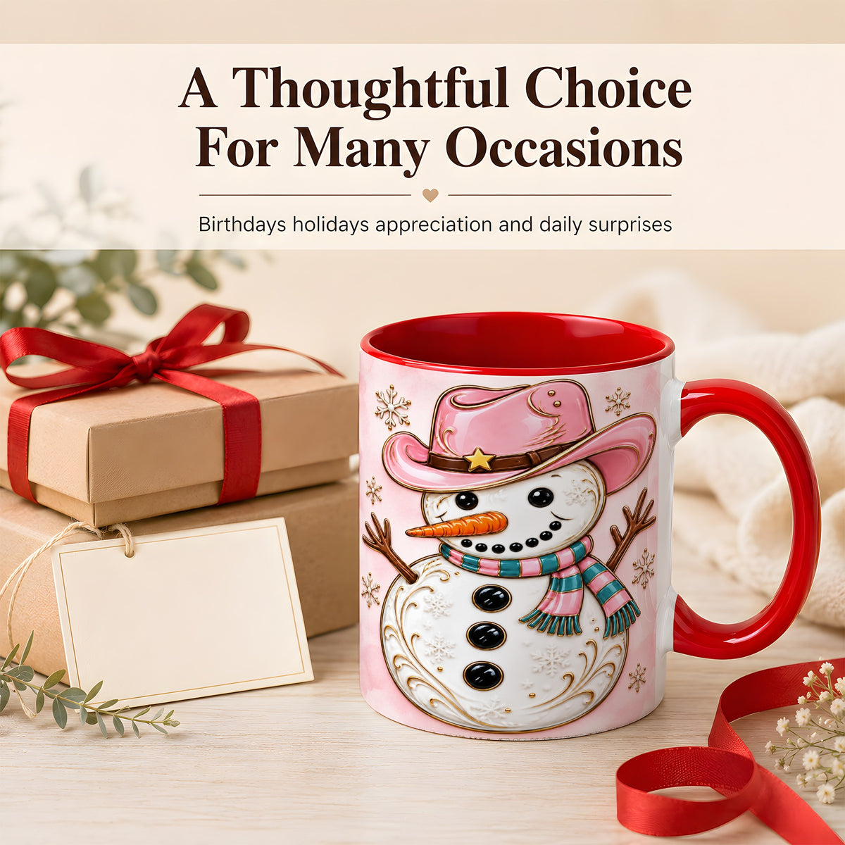 #pl[11oz|Red] Pink Cowgirl Snowman Coffee Mug, Western Winter Mug, Ceramic Cup