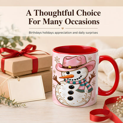 #pl[11oz|Red] Pink Cowgirl Snowman Coffee Mug, Western Winter Mug, Ceramic Cup