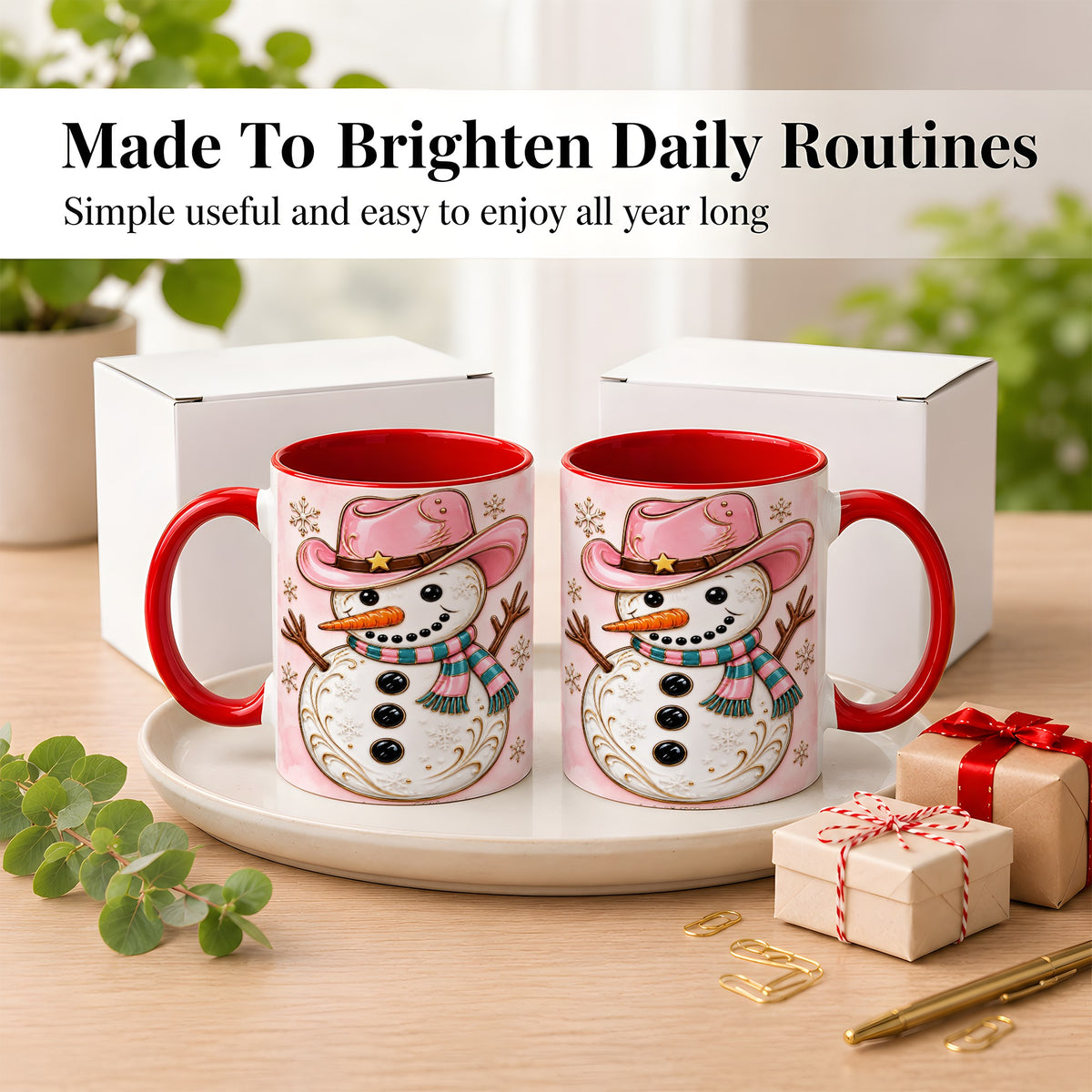 #pl[11oz|Red] Pink Cowgirl Snowman Coffee Mug, Western Winter Mug, Ceramic Cup