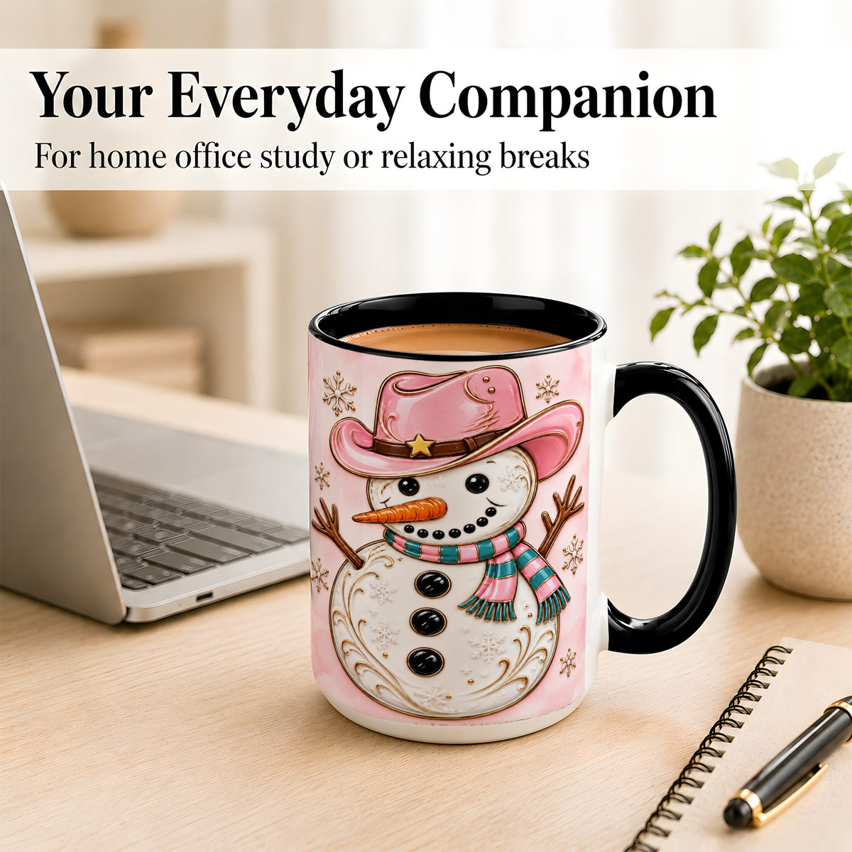 #pl[15oz|Black] Pink Cowgirl Snowman Coffee Mug, Western Winter Mug, Ceramic Cup