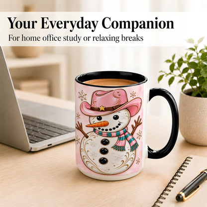 #pl[15oz|Black] Pink Cowgirl Snowman Coffee Mug, Western Winter Mug, Ceramic Cup