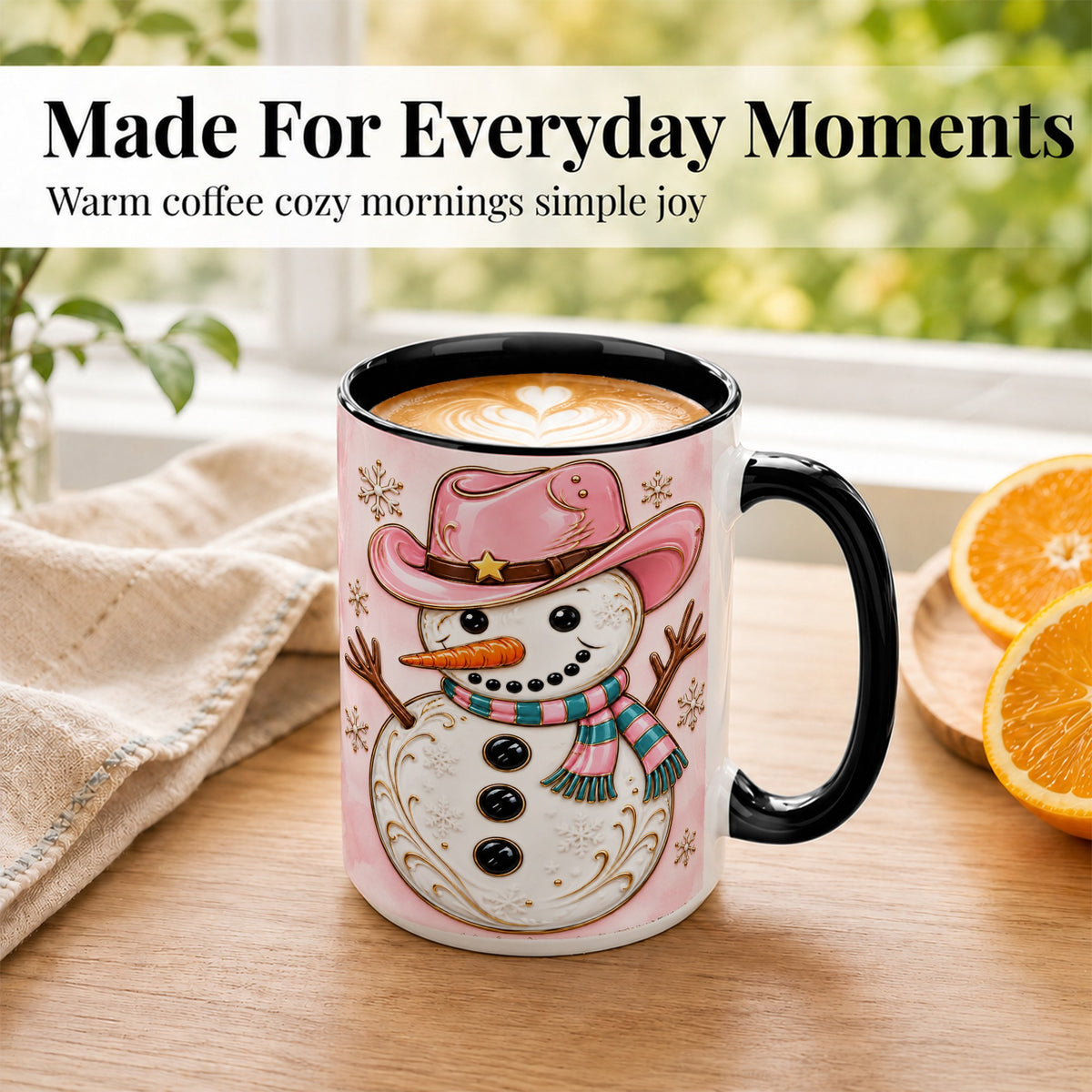 #pl[15oz|Black] Pink Cowgirl Snowman Coffee Mug, Western Winter Mug, Ceramic Cup