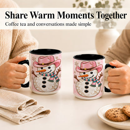 #pl[15oz|Black] Pink Cowgirl Snowman Coffee Mug, Western Winter Mug, Ceramic Cup