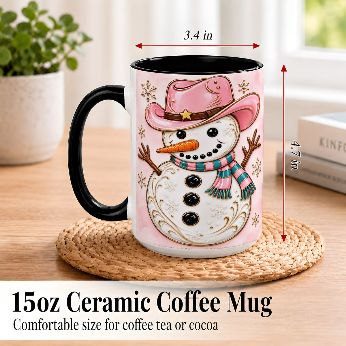 #pl[15oz|Black] Pink Cowgirl Snowman Coffee Mug, Western Winter Mug, Ceramic Cup
