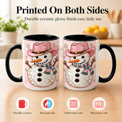 #pl[15oz|Black] Pink Cowgirl Snowman Coffee Mug, Western Winter Mug, Ceramic Cup