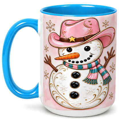#pl[15oz|Blue] Pink Cowgirl Snowman Coffee Mug, Western Winter Mug, Ceramic Cup