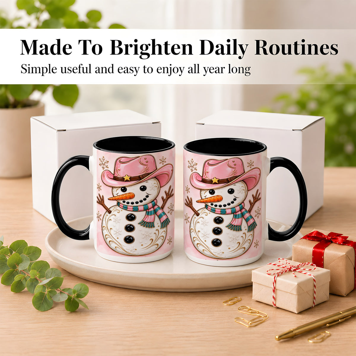 #pl[15oz|Black] Pink Cowgirl Snowman Coffee Mug, Western Winter Mug, Ceramic Cup