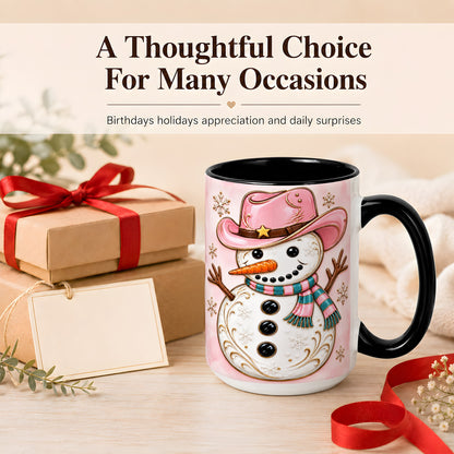 #pl[15oz|Black] Pink Cowgirl Snowman Coffee Mug, Western Winter Mug, Ceramic Cup