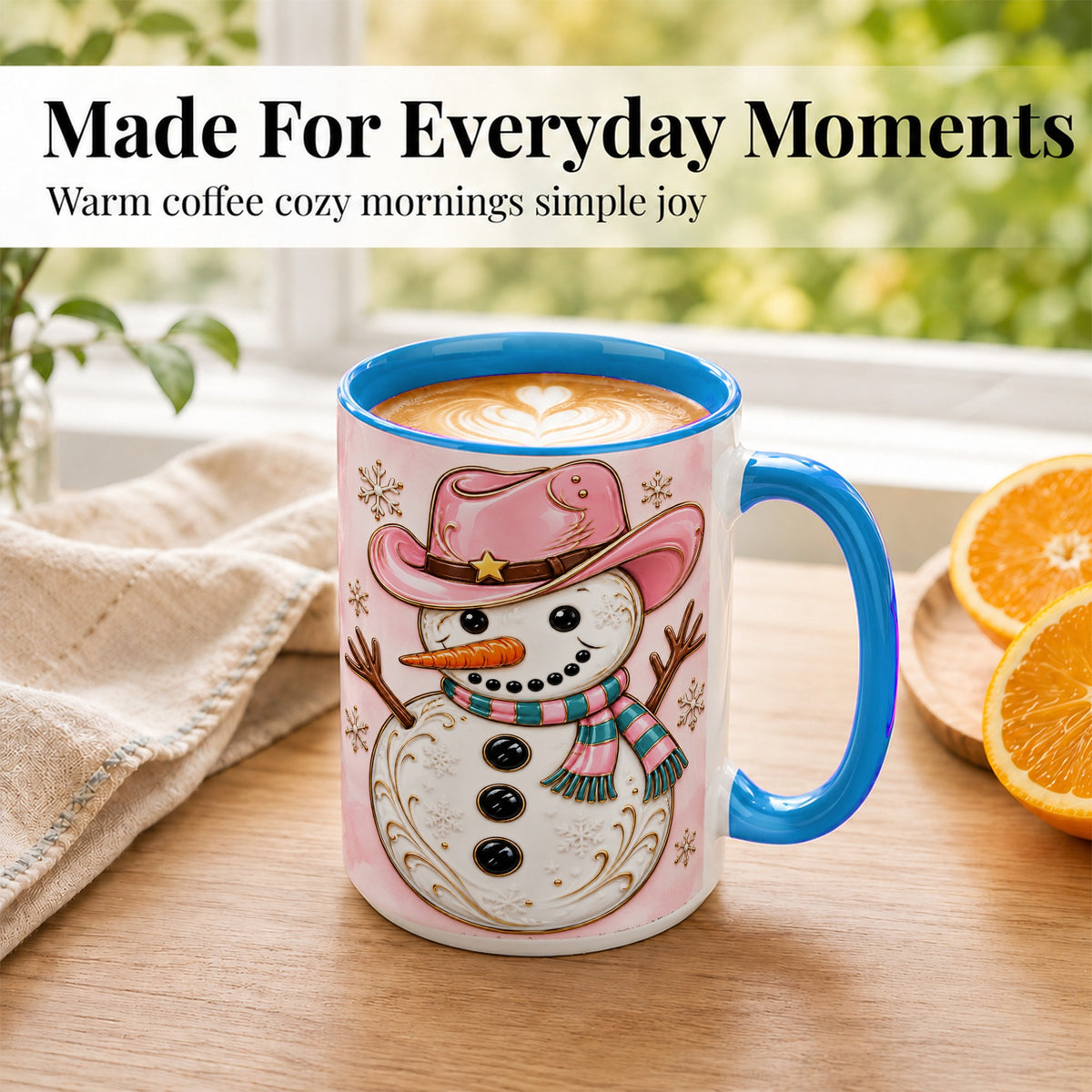 #pl[15oz|Blue] Pink Cowgirl Snowman Coffee Mug, Western Winter Mug, Ceramic Cup