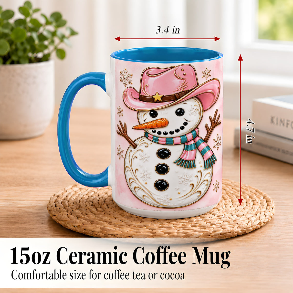 #pl[15oz|Blue] Pink Cowgirl Snowman Coffee Mug, Western Winter Mug, Ceramic Cup