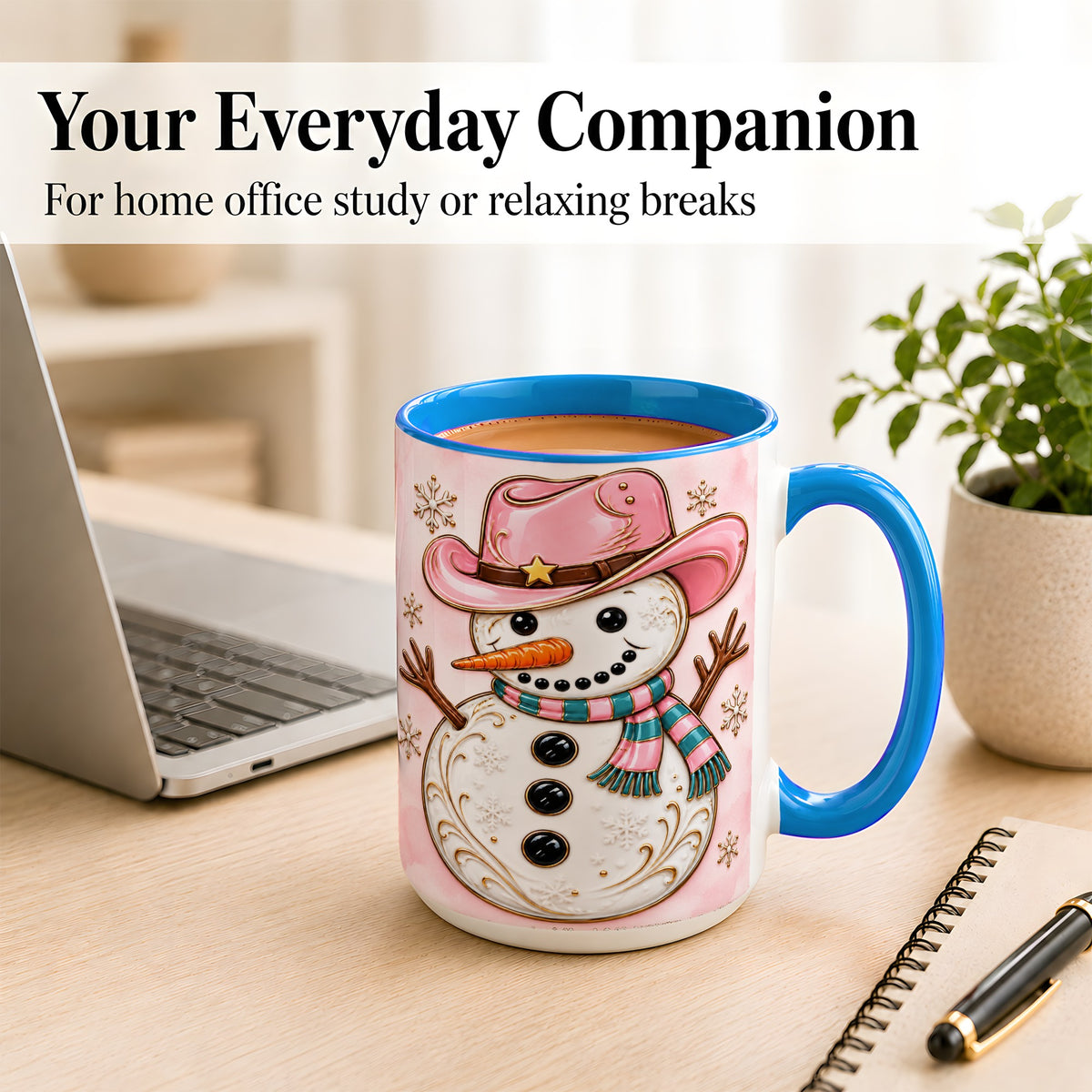 #pl[15oz|Blue] Pink Cowgirl Snowman Coffee Mug, Western Winter Mug, Ceramic Cup