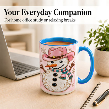#pl[15oz|Blue] Pink Cowgirl Snowman Coffee Mug, Western Winter Mug, Ceramic Cup