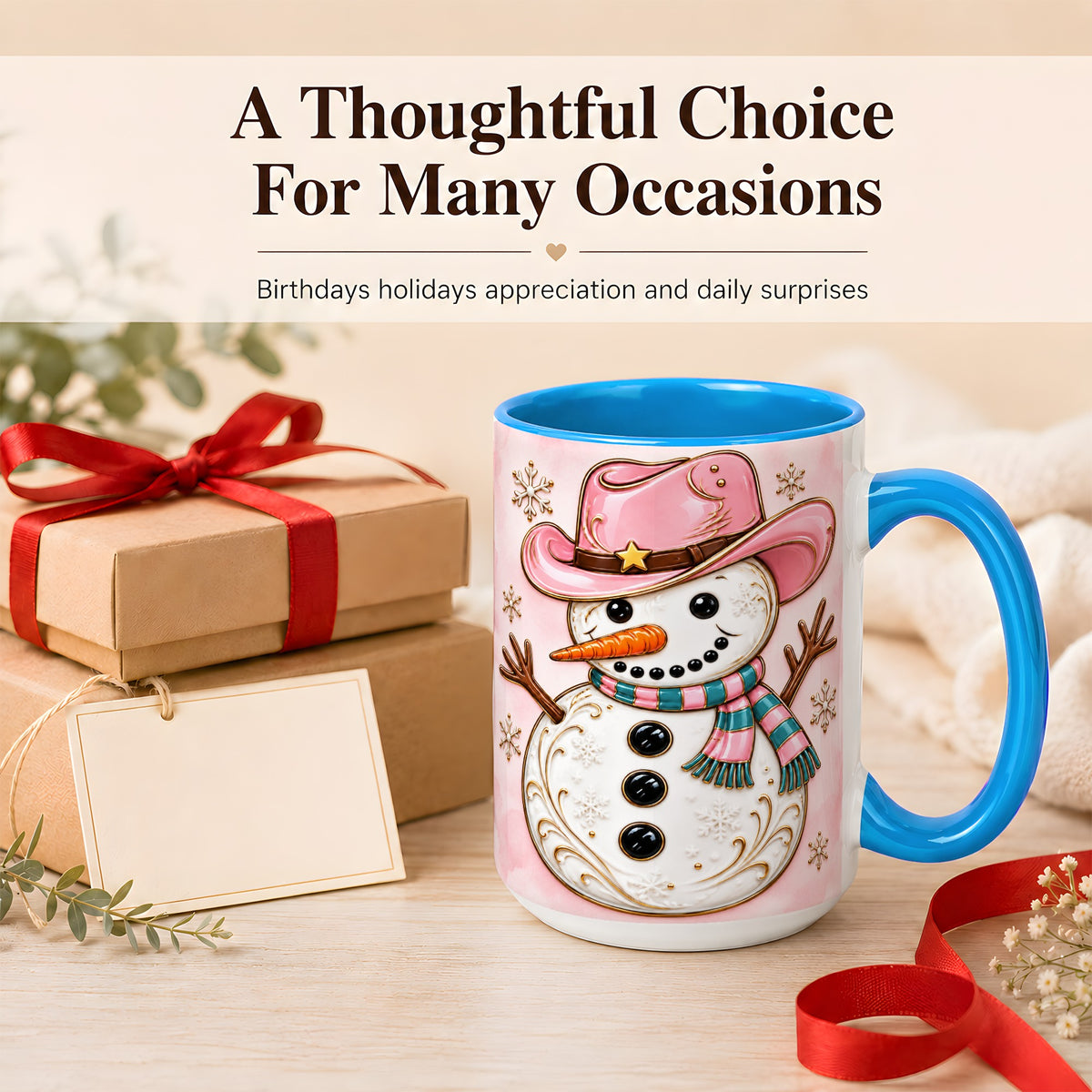 #pl[15oz|Blue] Pink Cowgirl Snowman Coffee Mug, Western Winter Mug, Ceramic Cup