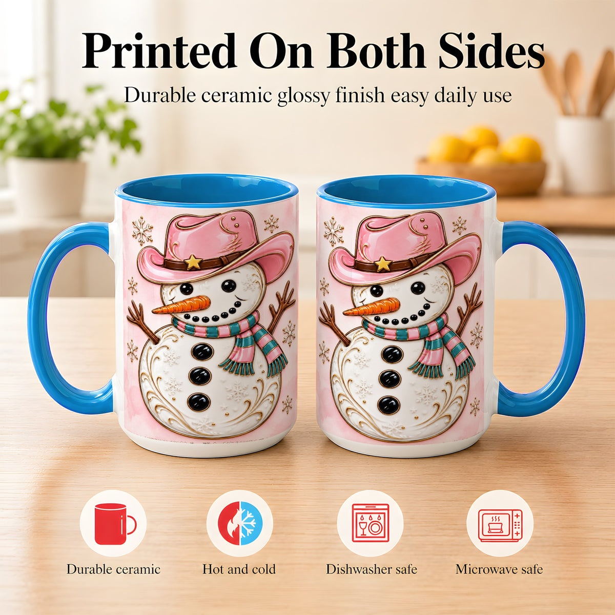 #pl[15oz|Blue] Pink Cowgirl Snowman Coffee Mug, Western Winter Mug, Ceramic Cup