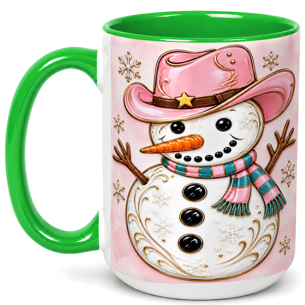 #pl[15oz|Green] Pink Cowgirl Snowman Coffee Mug, Western Winter Mug, Ceramic Cup