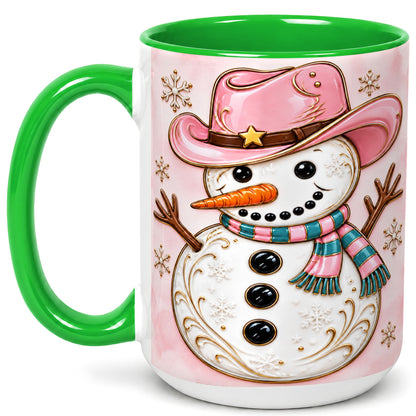 #pl[15oz|Green] Pink Cowgirl Snowman Coffee Mug, Western Winter Mug, Ceramic Cup