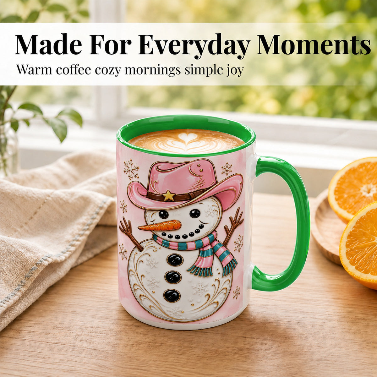 #pl[15oz|Green] Pink Cowgirl Snowman Coffee Mug, Western Winter Mug, Ceramic Cup