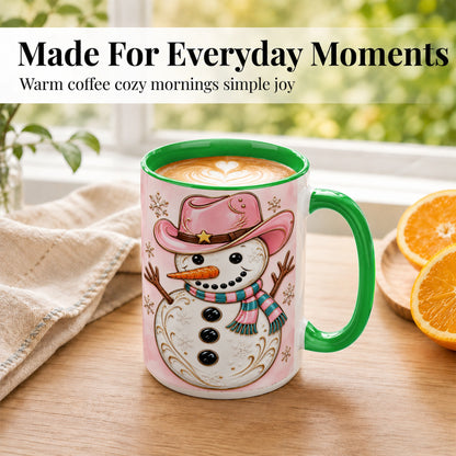 #pl[15oz|Green] Pink Cowgirl Snowman Coffee Mug, Western Winter Mug, Ceramic Cup