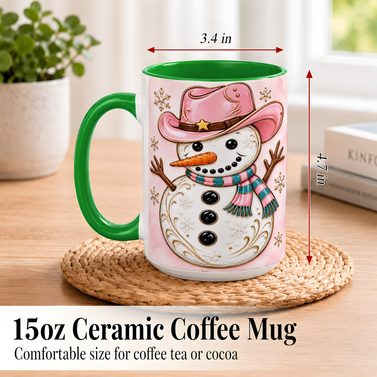 #pl[15oz|Green] Pink Cowgirl Snowman Coffee Mug, Western Winter Mug, Ceramic Cup