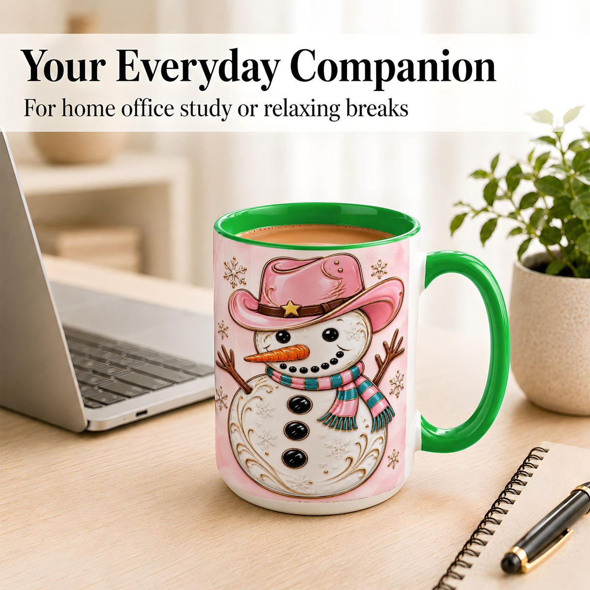 #pl[15oz|Green] Pink Cowgirl Snowman Coffee Mug, Western Winter Mug, Ceramic Cup