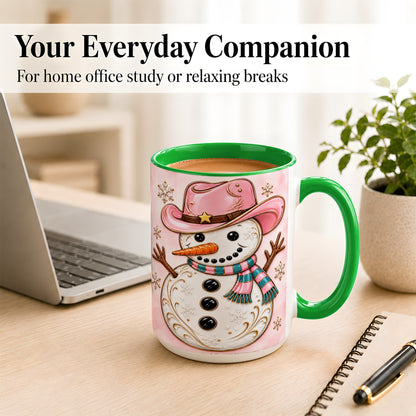 #pl[15oz|Green] Pink Cowgirl Snowman Coffee Mug, Western Winter Mug, Ceramic Cup