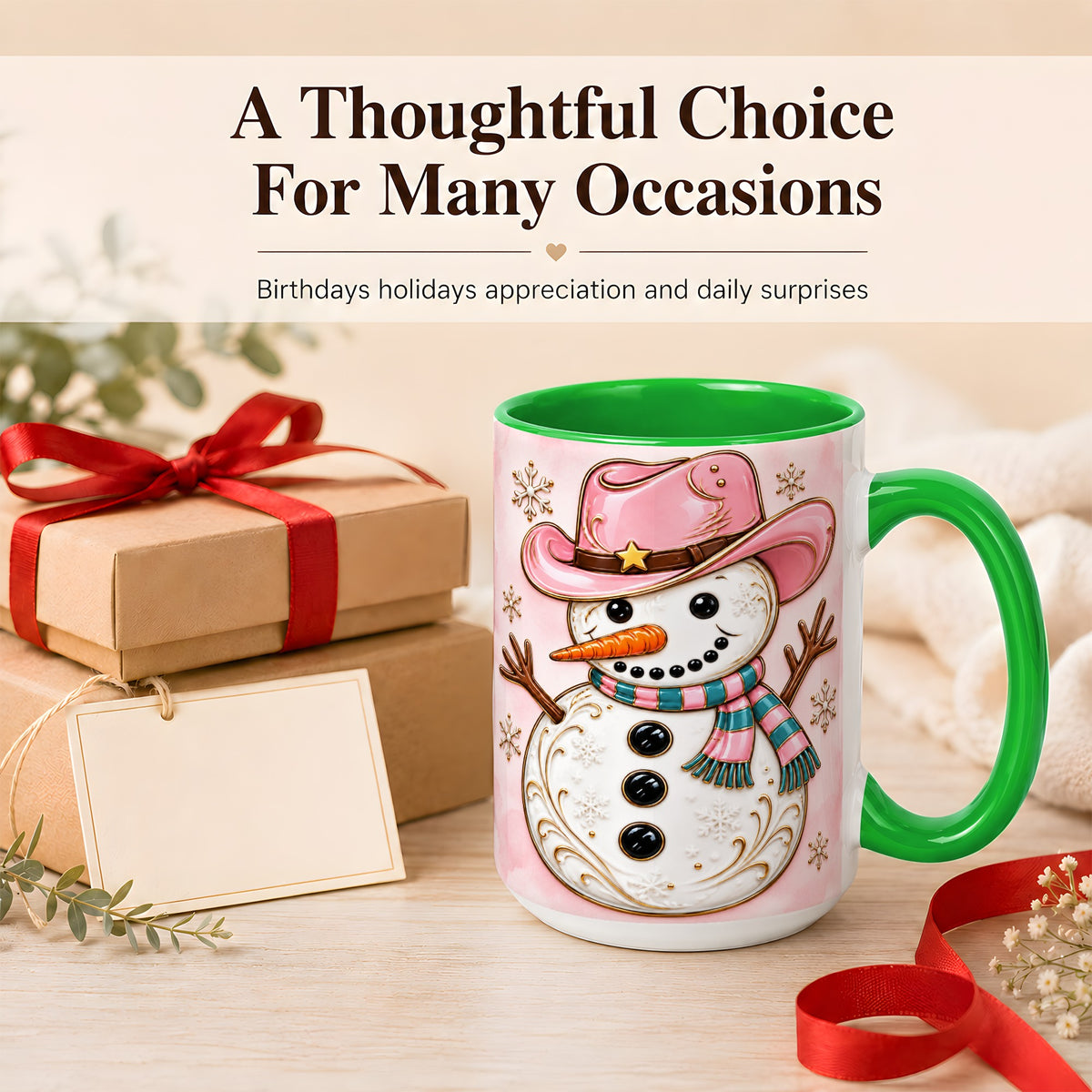 #pl[15oz|Green] Pink Cowgirl Snowman Coffee Mug, Western Winter Mug, Ceramic Cup
