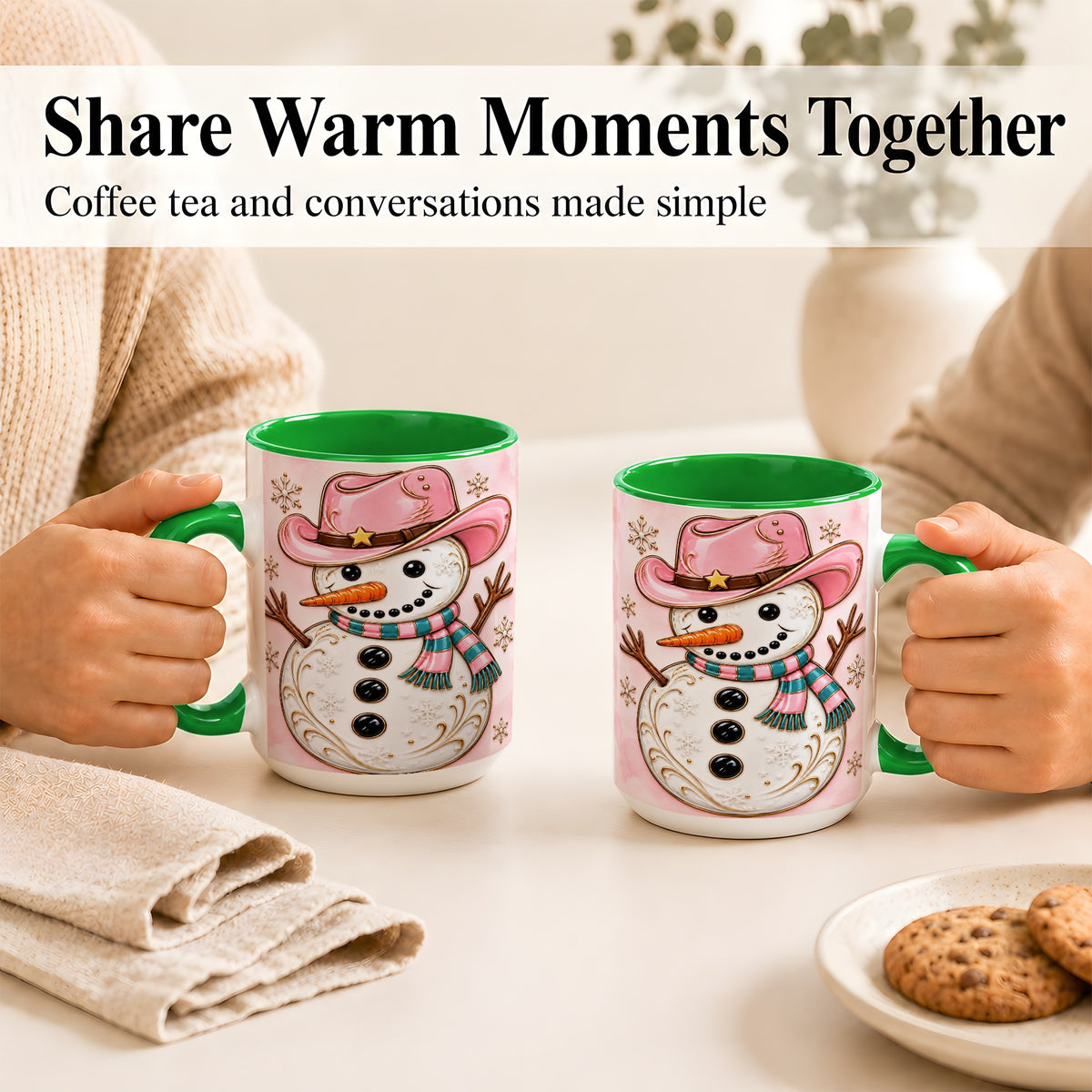 #pl[15oz|Green] Pink Cowgirl Snowman Coffee Mug, Western Winter Mug, Ceramic Cup