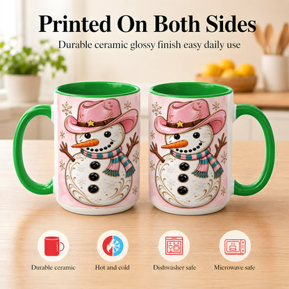#pl[15oz|Green] Pink Cowgirl Snowman Coffee Mug, Western Winter Mug, Ceramic Cup