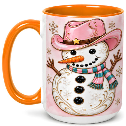 #pl[15oz|Orange] Pink Cowgirl Snowman Coffee Mug, Western Winter Mug, Ceramic Cup