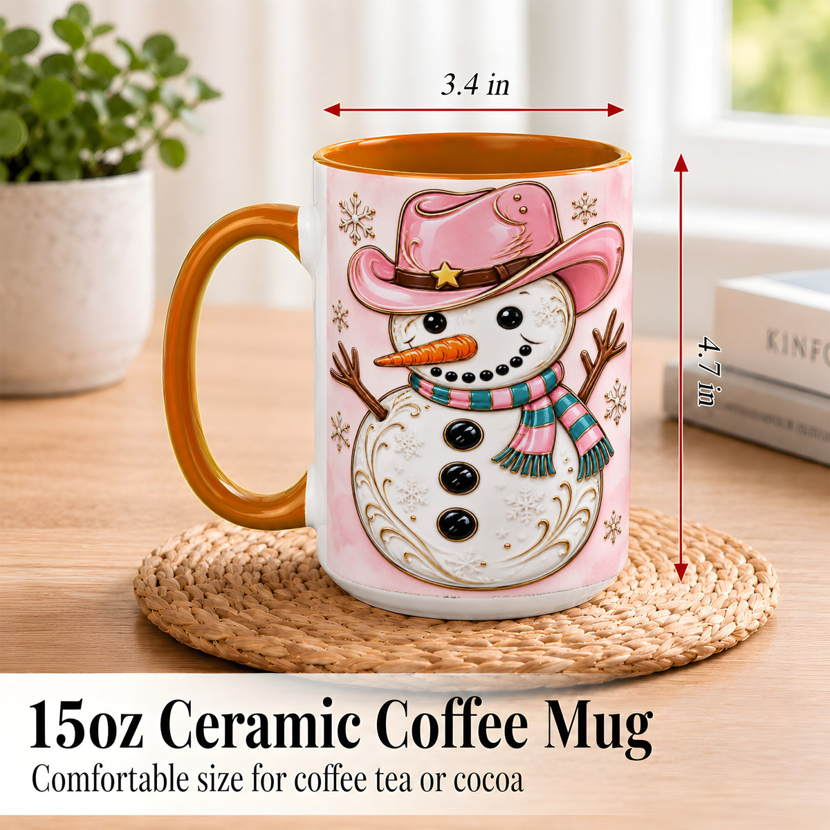 #pl[15oz|Orange] Pink Cowgirl Snowman Coffee Mug, Western Winter Mug, Ceramic Cup