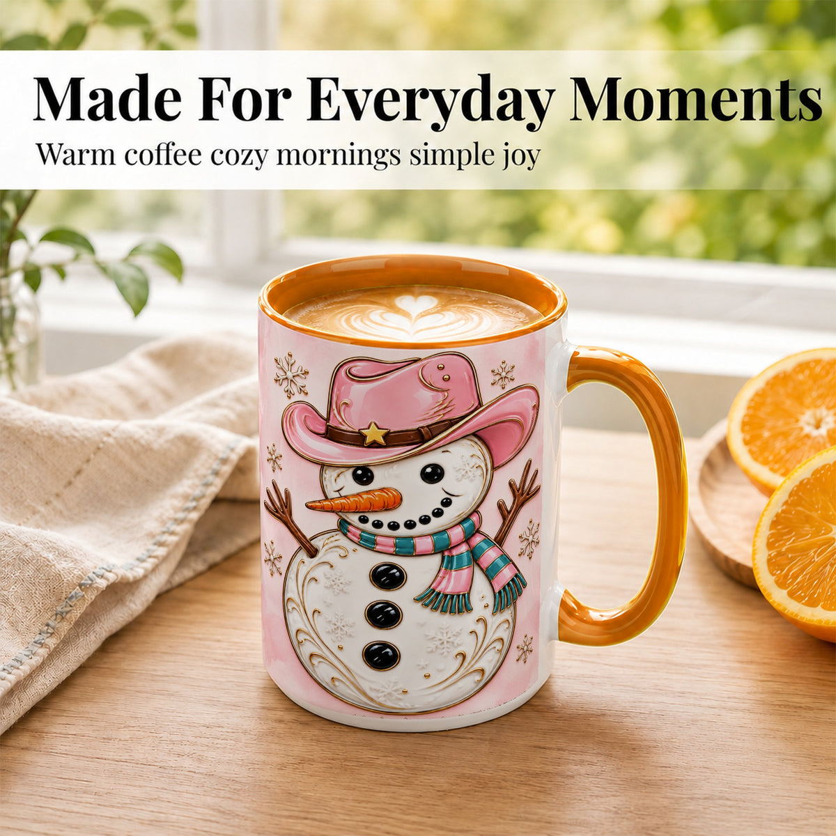 #pl[15oz|Orange] Pink Cowgirl Snowman Coffee Mug, Western Winter Mug, Ceramic Cup