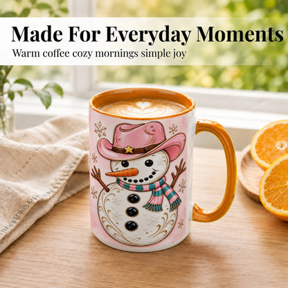 #pl[15oz|Orange] Pink Cowgirl Snowman Coffee Mug, Western Winter Mug, Ceramic Cup