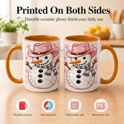 #pl[15oz|Orange] Pink Cowgirl Snowman Coffee Mug, Western Winter Mug, Ceramic Cup