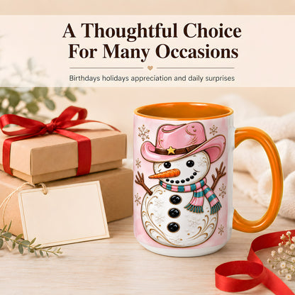 #pl[15oz|Orange] Pink Cowgirl Snowman Coffee Mug, Western Winter Mug, Ceramic Cup