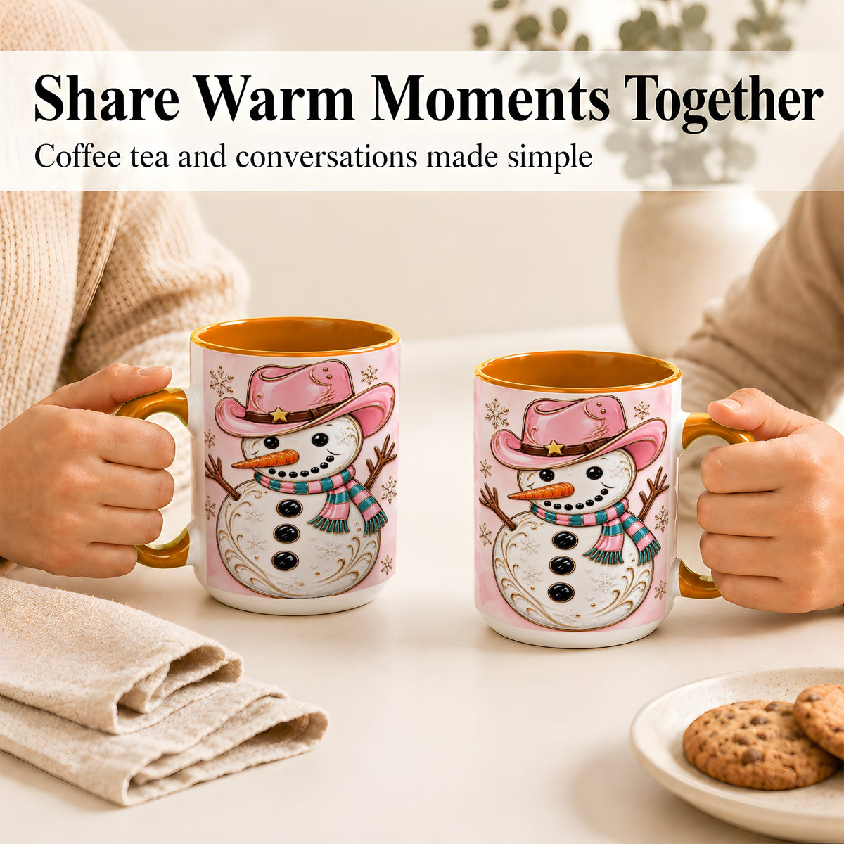 #pl[15oz|Orange] Pink Cowgirl Snowman Coffee Mug, Western Winter Mug, Ceramic Cup