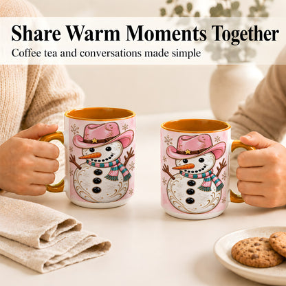 #pl[15oz|Orange] Pink Cowgirl Snowman Coffee Mug, Western Winter Mug, Ceramic Cup
