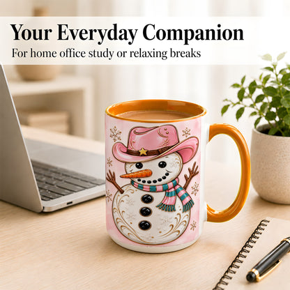 #pl[15oz|Orange] Pink Cowgirl Snowman Coffee Mug, Western Winter Mug, Ceramic Cup
