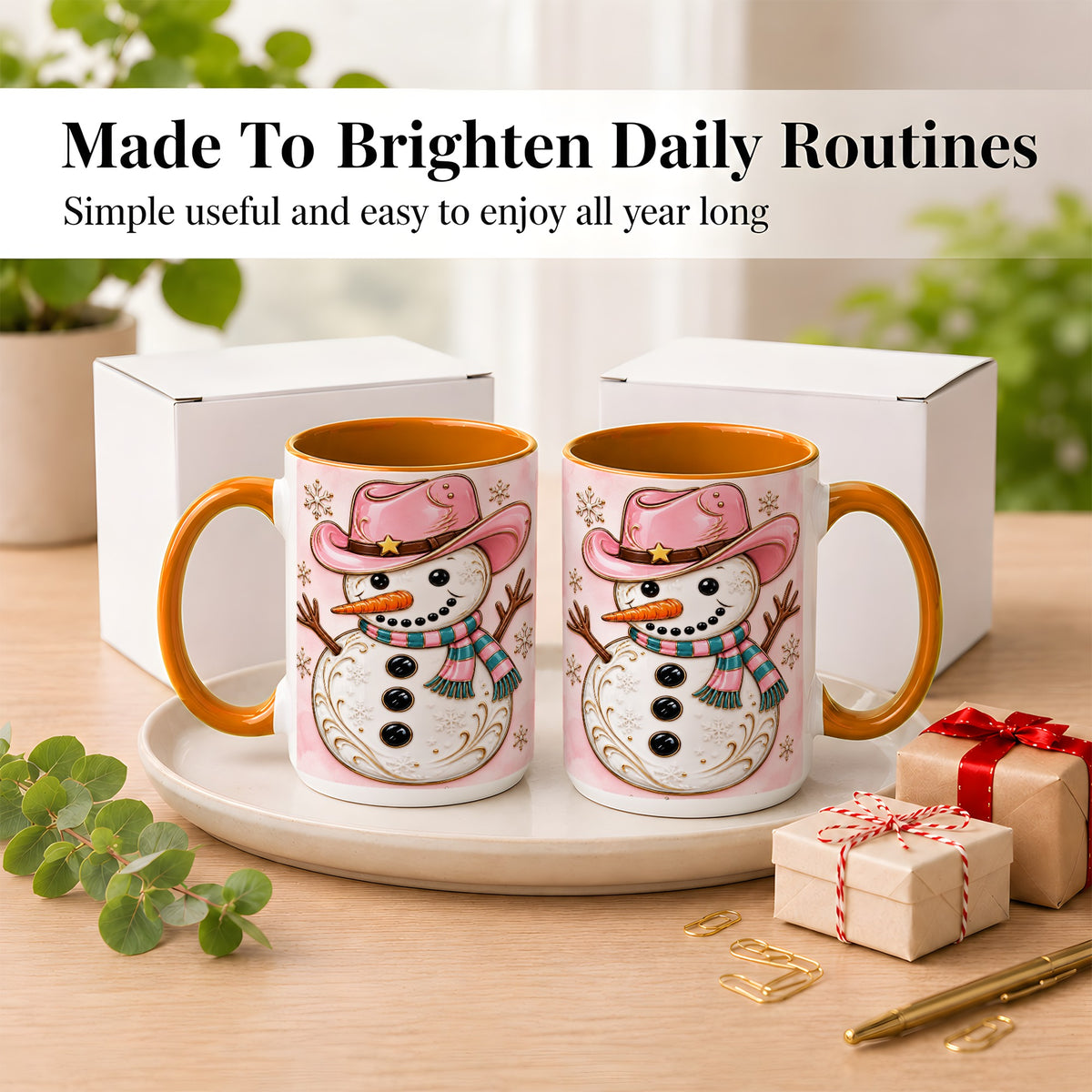 #pl[15oz|Orange] Pink Cowgirl Snowman Coffee Mug, Western Winter Mug, Ceramic Cup