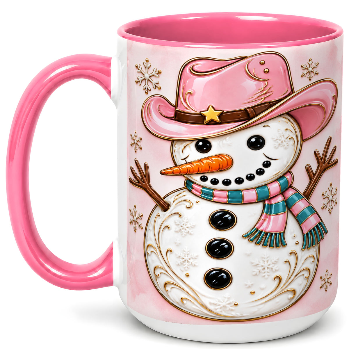 #pl[15oz|Pink] Pink Cowgirl Snowman Coffee Mug, Western Winter Mug, Ceramic Cup