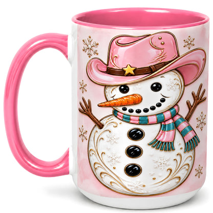 #pl[15oz|Pink] Pink Cowgirl Snowman Coffee Mug, Western Winter Mug, Ceramic Cup