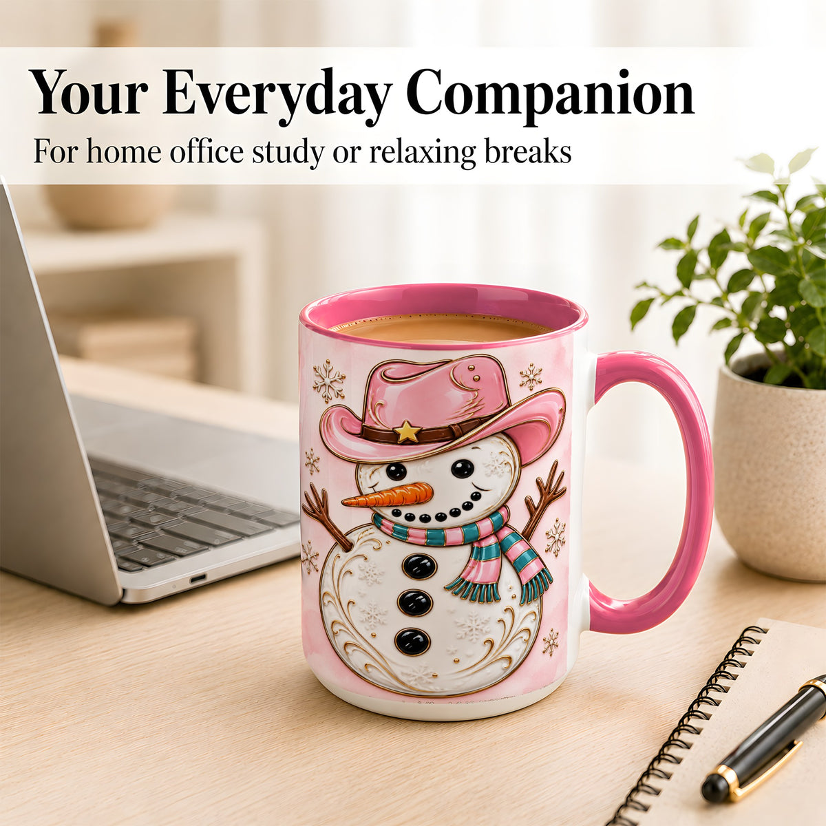 #pl[15oz|Pink] Pink Cowgirl Snowman Coffee Mug, Western Winter Mug, Ceramic Cup